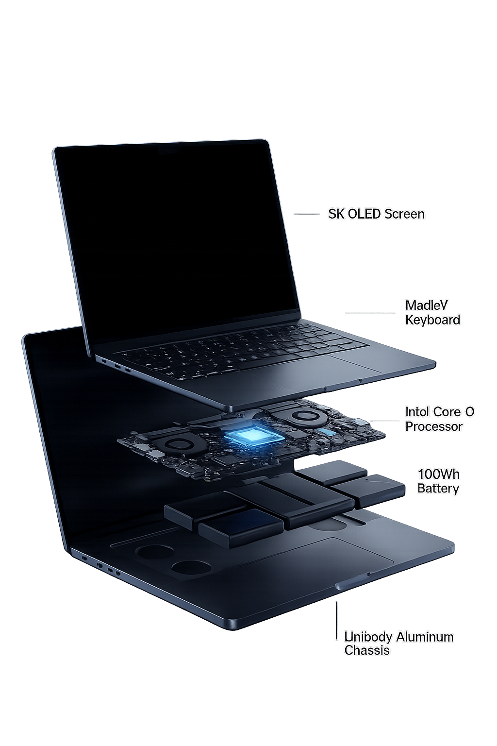 Exploded laptop view with labeled components